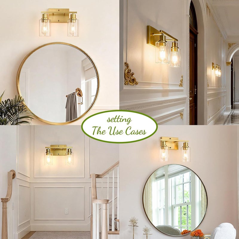 EMONG Gold Bathroom Light Fixtures, 2-Lights Brushed Brass Vanity Light with Clear Glass Shade, Modern Wall Sconces for Hallway, Farmhouse, Living Room - Image 3
